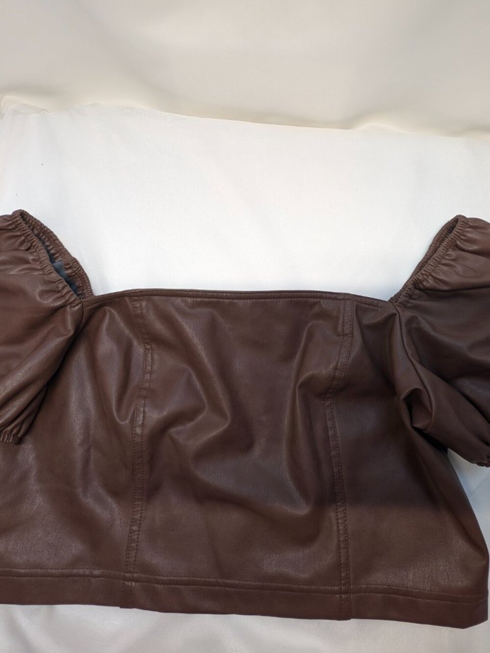 7 For All Mankind Brown Faux Leather Puff Sleeve Crop Top Square Neck M